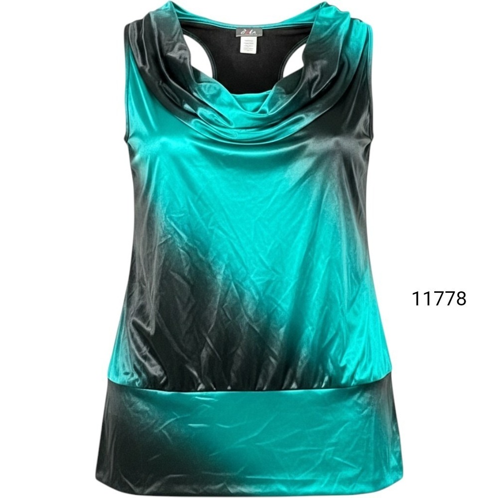Dots Tank Top Women's L Teal Black Satin Sleeveless Racerback Cowl Neck Pullover